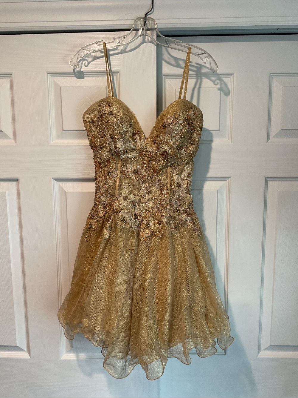 Jovani Vintage Gold Beaded Sequin Corset Mesh Mini Dress Gown Prom Wedding sz 6 - Picture 3 of 9